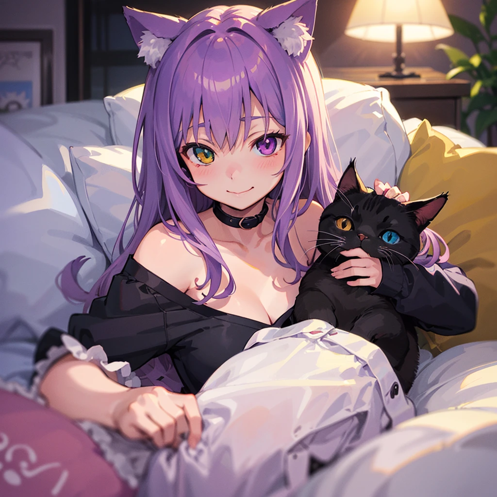 Masterpiece　Tomoya Kita　black　Chuunibyou　Taiko no Tatsujin　Cat ear　On the bed　Holding a cushion　Purple Eye