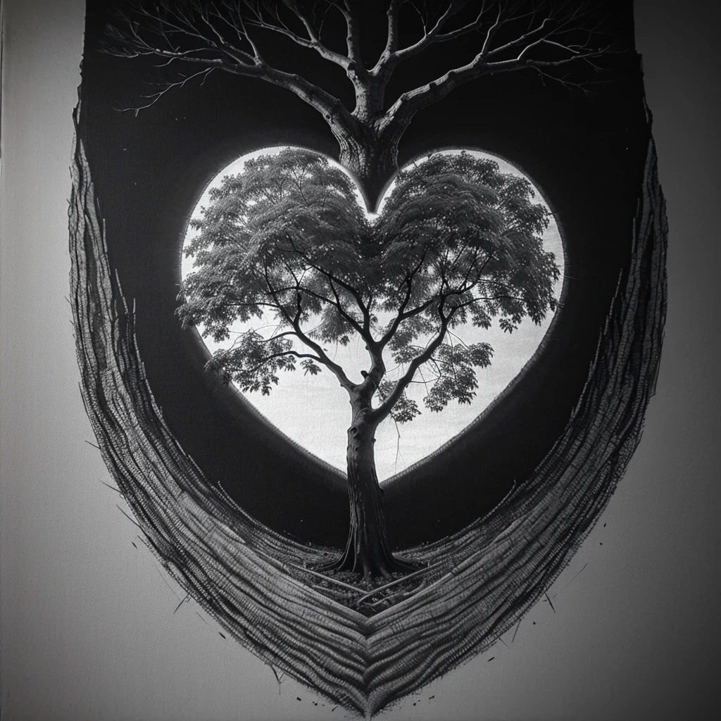 Canvas drawing of a tree with a heart-shaped root emitting radiation