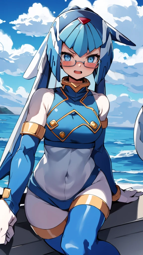 Leviathan_Megamanz, 1 Girl ,Looking at the viewer , blue hair, Blue eyes,Clouds background , Blushed, Wedding ring, Glasses ,Shark teeth , mouth open 