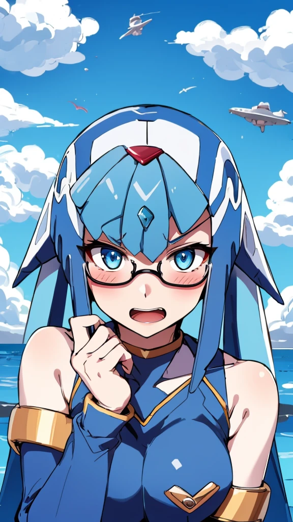 Leviathan_Megamanz, 1 Girl ,Looking at the viewer , blue hair, Blue eyes,Clouds background , Blushed, Wedding ring, Glasses ,Shark teeth , mouth open