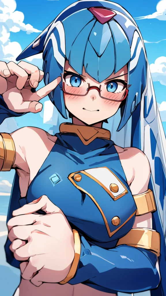 Leviathan_Megamanz, 1 Girl ,Looking at the viewer , blue hair, Blue eyes,Clouds background , Blushed, Wedding ring, Glasses ,Shark teeth , mouth open 