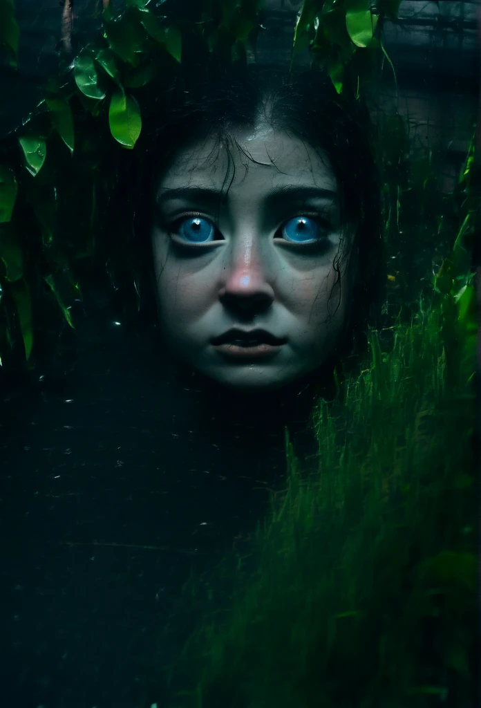 A scared  hiding in lush, wet swamp vegetation at night, detailed face, beautiful eyes, intricate details, 1 , moody lighting, dark colors, chiaroscuro, cinematic, dramatic, foggy, (best quality,4k,8k,highres,masterpiece:1.2),ultra-detailed,(realistic,photorealistic,photo-realistic:1.37),cinematic lighting,dramatic atmosphere,moody colors,gloomy,eerie,haunting,horror