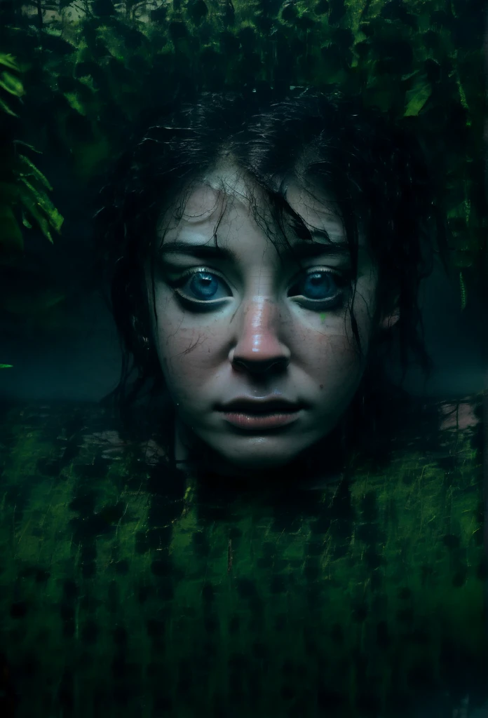 A scared hiding in lush, wet swamp vegetation at night, detailed face, beautiful eyes, intricate details, 1 , moody lighting, dark colors, chiaroscuro, cinematic, dramatic, foggy, (best quality,4k,8k,highres,masterpiece:1.2),ultra-detailed,(realistic,photorealistic,photo-realistic:1.37),cinematic lighting,dramatic atmosphere,moody colors,gloomy,eerie,haunting,horror