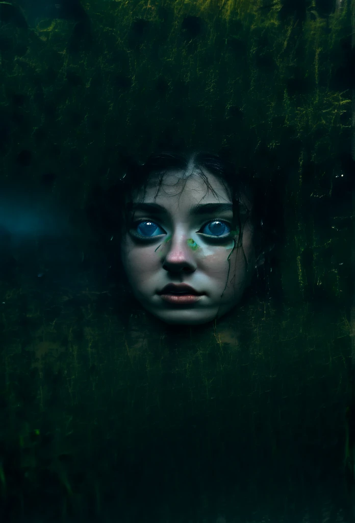 A scared hiding in lush, wet swamp vegetation at night, detailed face, beautiful eyes, intricate details, 1 , moody lighting, dark colors, chiaroscuro, cinematic, dramatic, foggy, (best quality,4k,8k,highres,masterpiece:1.2),ultra-detailed,(realistic,photorealistic,photo-realistic:1.37),cinematic lighting,dramatic atmosphere,moody colors,gloomy,eerie,haunting,horror