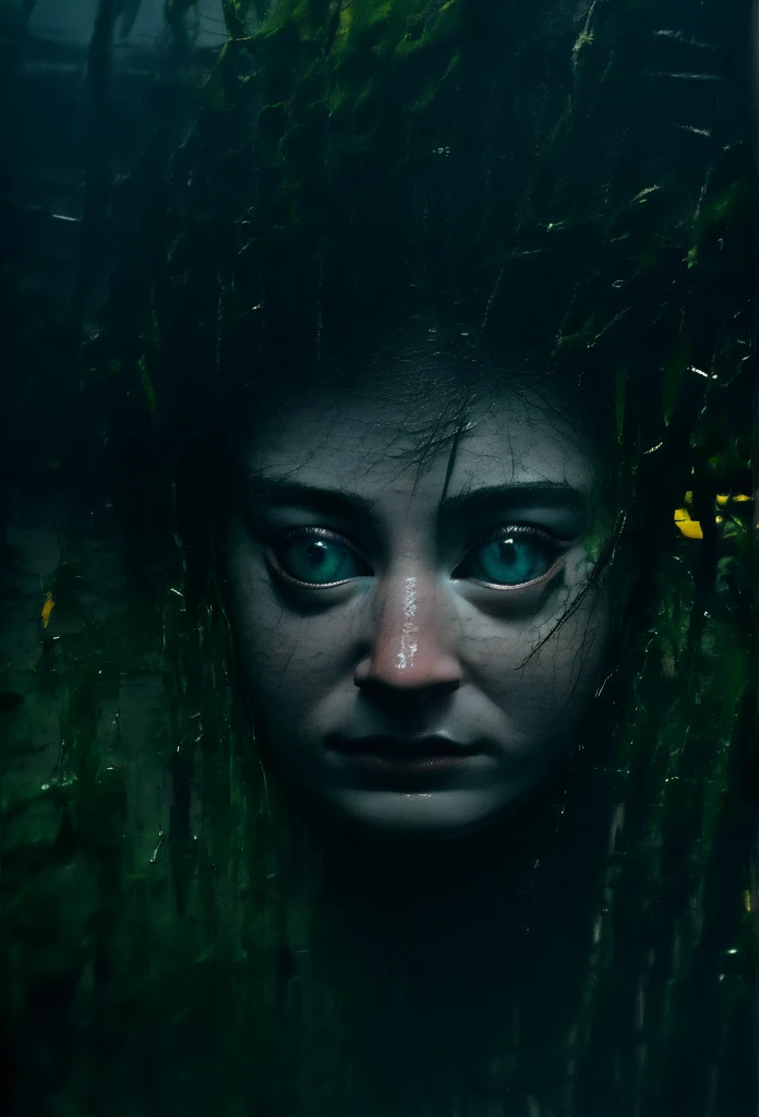 A scared hiding in lush, wet swamp vegetation at night, detailed face, beautiful eyes, intricate details, 1 , moody lighting, dark colors, chiaroscuro, cinematic, dramatic, foggy, (best quality,4k,8k,highres,masterpiece:1.2),ultra-detailed,(realistic,photorealistic,photo-realistic:1.37),cinematic lighting,dramatic atmosphere,moody colors,gloomy,eerie,haunting,horror