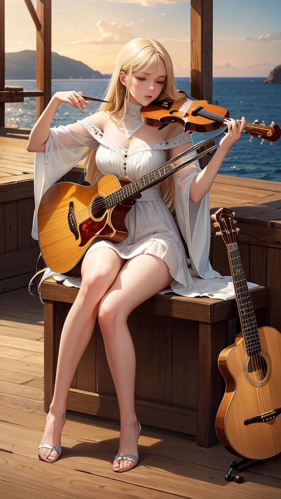 ultra-high precision, ultra-high resolution, 16K, best quality, exquisite, intricate composition, beautiful women, french, blonde hair, orchestra, play the guitar, fantastic, on the deck, sea, ultra wide angle, full body, illustration style
