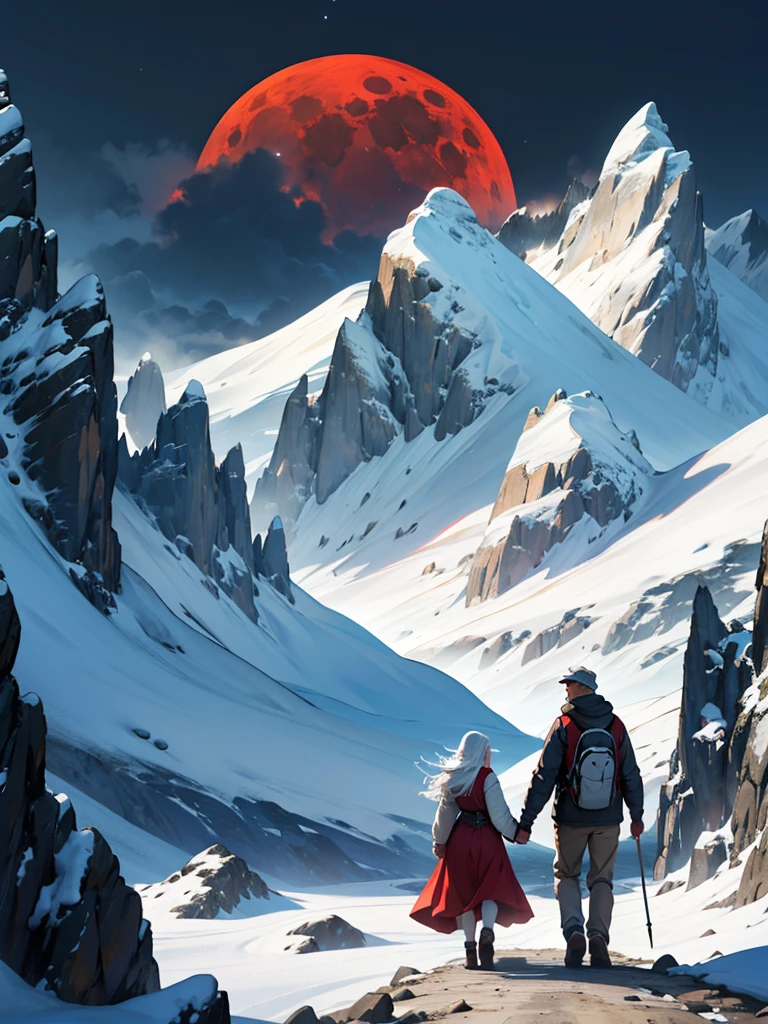 A valley, Clawn, glacial mountains, lunar eclipse in the background, a couple walking hand in hand