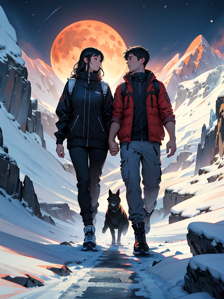 A valley, Clawn, glacial mountains, lunar eclipse in the background, a couple walking hand in hand