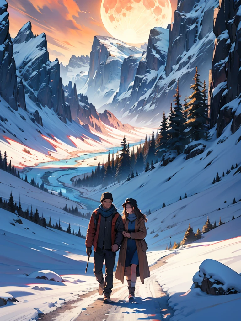 A valley, Clawn, glacial mountains, lunar eclipse in the background, a couple walking hand in hand