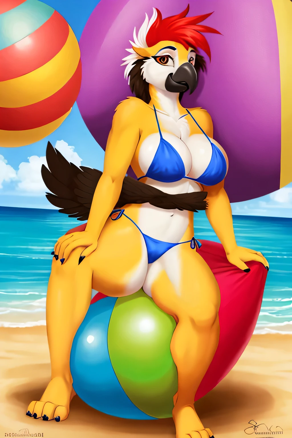 A sexy female anthro parrot in her bikini is poking a hole in her giant beach ball while she is sitting on top of it.