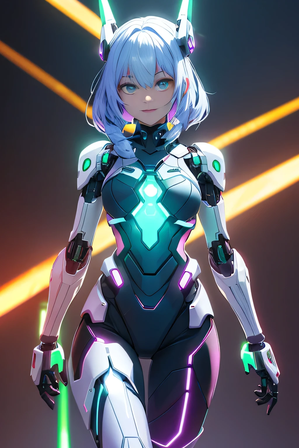 Glowing cyber girl with cybernetic arm,(J Women's Uniform,Sailor suit,White Skirt,)Standing in a post-apocalyptic battlefield.Surrounded by a network of wires. surrounded by circuits. (Cyber Girl with a glowing orange sword:1.3), Shiny Silver Short Hair,Messy ponytail,Cute Smile,Perfect round face,Iris,A bright smile that makes everyone happy,Proper body balance,Intricate details,Very delicate and beautiful hair,Photo Real,dream-like,Professional Lighting,Realistic Shadows,Focus Only,Beautiful Hands,Beautiful fingers,Detailed finger features,Detailed clothing features,Detailed hair features,Detailed facial features,(Tabletop,Highest quality,Ultra-high resolution output images,) ,(8K quality,),(Picture Mode Ultra HD),,Sci-fi fantasy