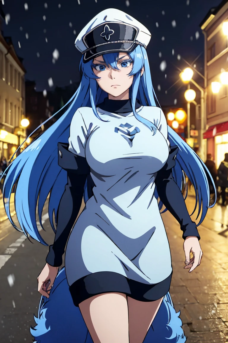 a girl with long blue hair, blue eyes, blue eyelashes, big breasts, white sweatshirt with a hat, walking, upset, on a street in Russia, snowing heavily, at night,