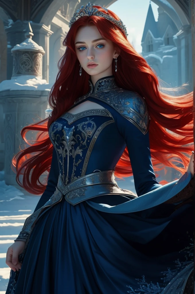 16 year old Sophie Turner, ultra detailed face, ultra detailed blue eyes, long red hair, (dress, long skirt), tiara, winter, (((masterpiece)))