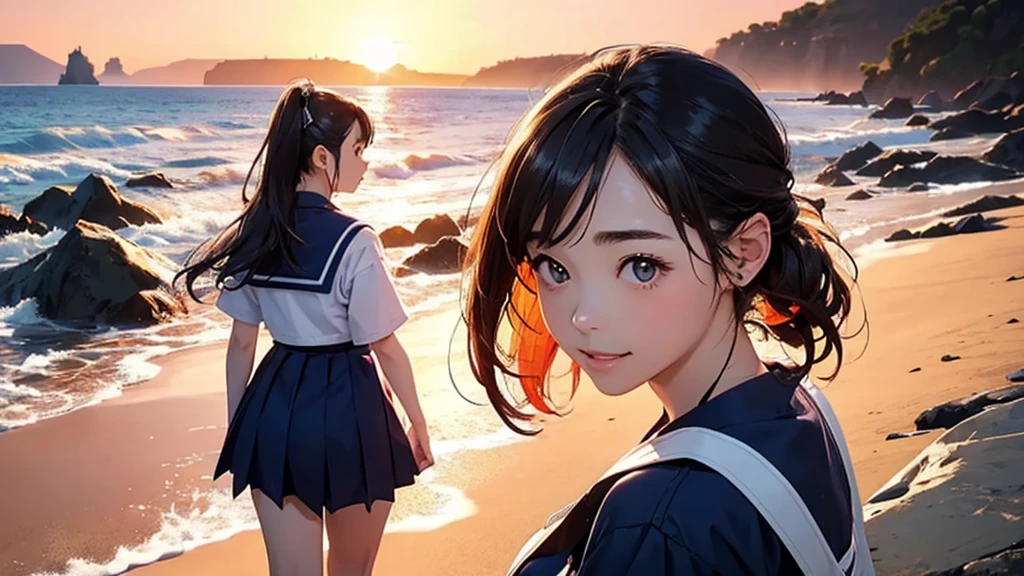 Highest quality、High resolution、Detailed Background、(Beautiful face in every detail:1.5)、age Girl、(Huge breasts:1.2)、Light-colored hair、cute髪型、Bobcut、ponytail、well-groomed eyebrows、Perfect body line、cute仕草、Navy blue sailor suit、White sailor collar、Pleated mini skirt、cuteスクールカーディガン、White Stockings、A big smile、smile、
(A coastline dyed in the sunset and five girls looking back from the beach:1.5)、
Spend some time at the beach watching the sunset、Feel the end of summer as you feel the sea breeze and the sound of the waves.、Before the sun sets, the sky takes on a sunset-like appearance.、At first, bright orange and pink gradually painted the sky.々It will turn reddish.、As the sun sets, the colors become more vibrant and the surrounding scenery is beautifully colored.、
Place the main motif in the center、Leave space on both sides、Add color contrast、Bright center and soft sides、Pay attention to the movement of the lines、A deep composition、Leave some headroom、cute