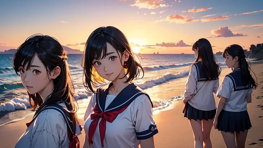 Highest quality、High resolution、Detailed Background、(Beautiful face in every detail:1.5)、age Girl、(Huge breasts:1.2)、Light-colored hair、cute髪型、Bobcut、ponytail、well-groomed eyebrows、Perfect body line、cute仕草、Navy blue sailor suit、White sailor collar、Pleated mini skirt、cuteスクールカーディガン、White Stockings、A big smile、smile、
(A coastline dyed in the sunset and five girls looking back from the beach:1.5)、
Spend some time at the beach watching the sunset、Feel the end of summer as you feel the sea breeze and the sound of the waves.、Before the sun sets, the sky takes on a sunset-like appearance.、At first, bright orange and pink gradually painted the sky.々It will turn reddish.、As the sun sets, the colors become more vibrant and the surrounding scenery is beautifully colored.、
Place the main motif in the center、Leave space on both sides、Add color contrast、Bright center and soft sides、Pay attention to the movement of the lines、A deep composition、Leave some headroom、cute
