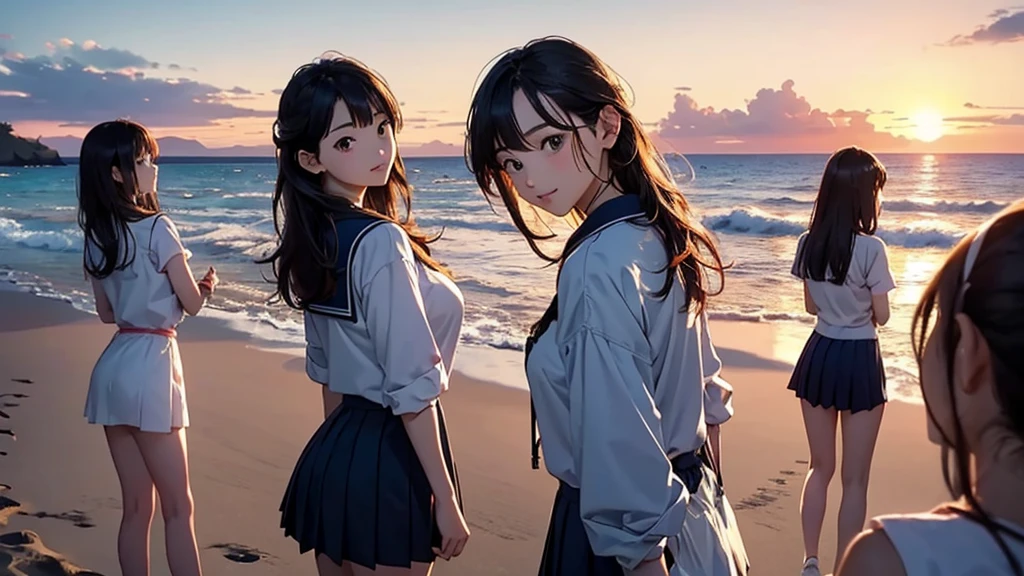 Highest quality、High resolution、Detailed Background、(Beautiful face in every detail:1.5)、Teenage Girl、(Huge breasts:1.2)、Light-colored hair、cute髪型、Bobcut、ponytail、well-groomed eyebrows、Perfect body line、cute仕草、Navy blue sailor suit、White sailor collar、Pleated mini skirt、cuteスクールカーディガン、White Stockings、A big smile、smile、
(A coastline dyed in the sunset and five girls looking back from the beach:1.5)、
Spend some time at the beach watching the sunset、Feel the end of summer as you feel the sea breeze and the sound of the waves.、Before the sun sets, the sky takes on a sunset-like appearance.、At first, bright orange and pink gradually painted the sky.々It will turn reddish.、As the sun sets, the colors become more vibrant and the surrounding scenery is beautifully colored.、
Place the main motif in the center、Leave space on both sides、Add color contrast、Bright center and soft sides、Pay attention to the movement of the lines、A deep composition、Leave some headroom、cute