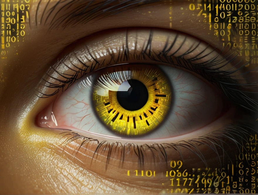 yellow digital iris rounded eye made on computer codes cast in cyberspace surrounded by binary numbers, yellowish color image, 4k,