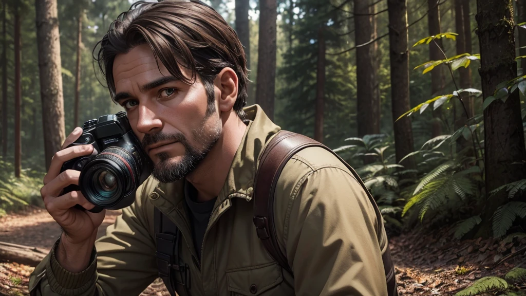 a 40 year old man photographer, sitting in the forest holding a camera, 3d comic style, detailed face, detailed eyes and face, detailed hands, detailed clothing, high quality, 8k, photorealistic, beautiful lighting, warm colors, dynamic composition, cinematic atmosphere, ((Medium Shot))