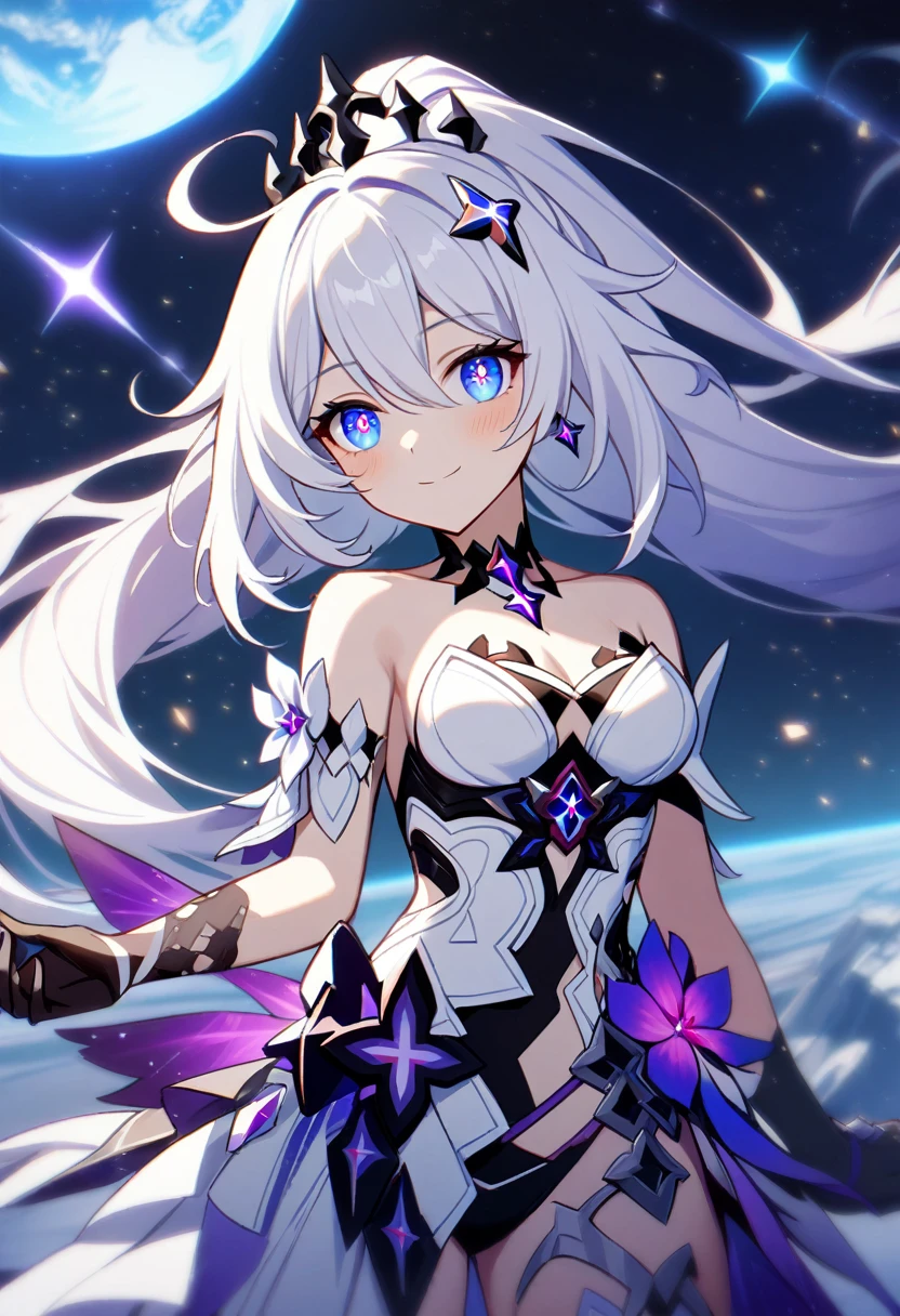 1girl, Kiana Kaslana \(Herrscher of Finality), Honkai Impact 3rd, ponytail, smile, extremely detailed eyes, moon base, earth, outer space