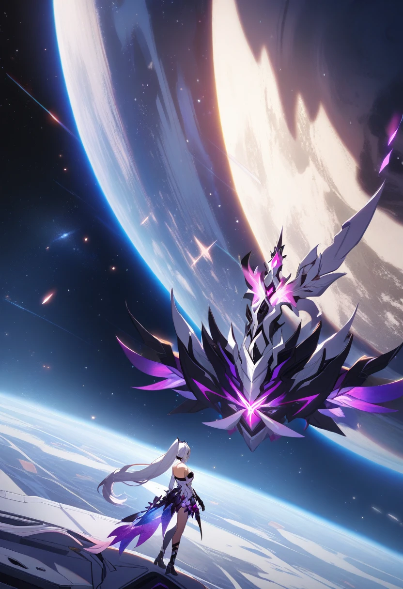 1girl, Kiana Kaslana \(Herrscher of Finality), Honkai Impact 3rd, ponytail, smile, extremely detailed eyes, moon base, earth, outer space