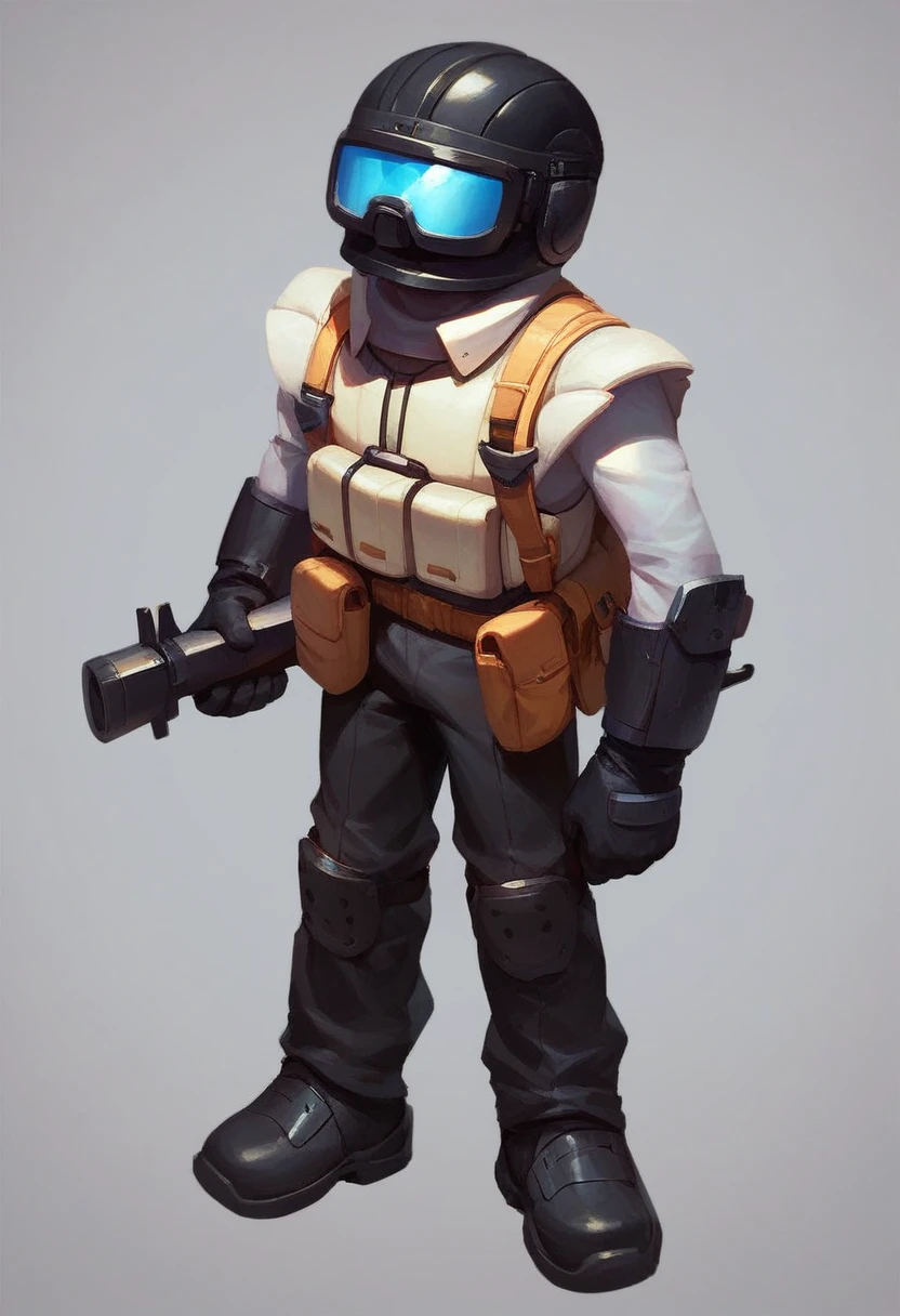 tankman,solo, simple background, 1boy, holding, standing, full body, male focus, white skin, black helmet, black uniform, black gloves, black pants, black boots, white goggles, white vest
