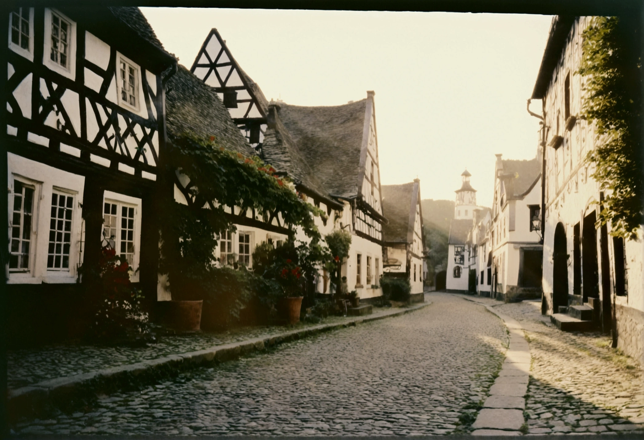 a quaint european village, winding cobblestone streets, charming old stone architecture, vintage 35mm film camera, antique camera lens, dawn light, nostalgic travel, cinematic slide film aesthetic