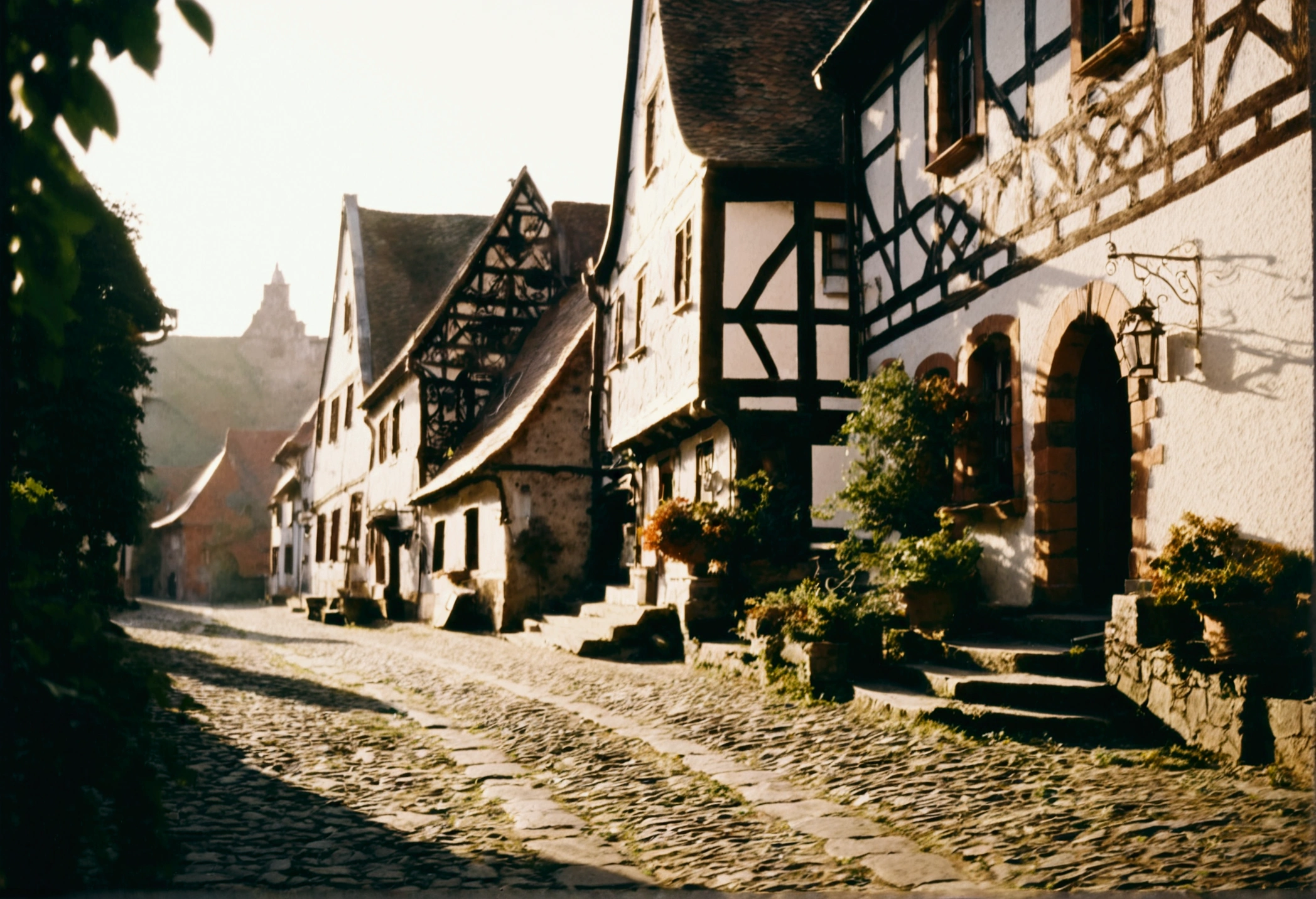 a quaint european village, winding cobblestone streets, charming old stone architecture, vintage 35mm film camera, antique camera lens, dawn light, nostalgic travel, cinematic slide film aesthetic