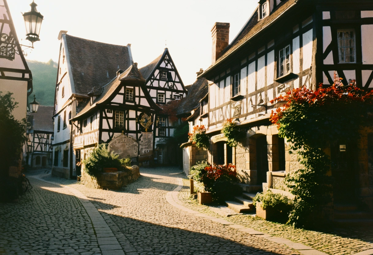a quaint european village, winding cobblestone streets, charming old stone architecture, vintage 35mm film camera, antique camera lens, dawn light, nostalgic travel, cinematic slide film aesthetic