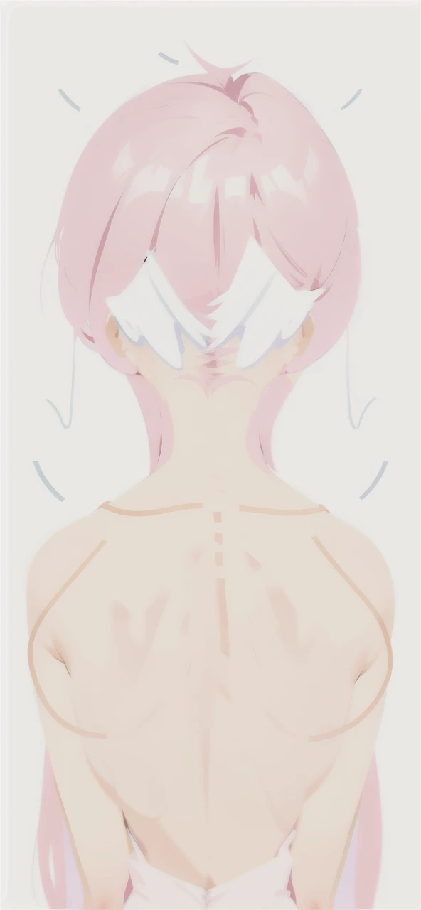 Create a pink hair girl, with angel wings instead of ears, angel wings behind the hair, with two angel wings covering his eyes coming from the back of his head, in a short white dress with a black and reckless tie