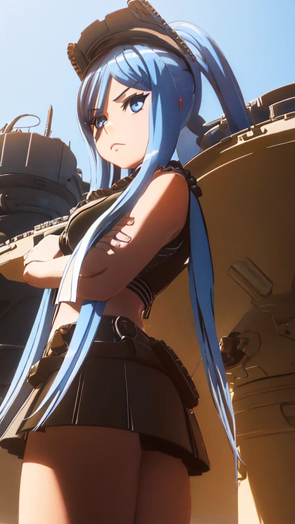 Detailed girl with an arrogant look and crossed hands and in the background a heavy war cruiser 