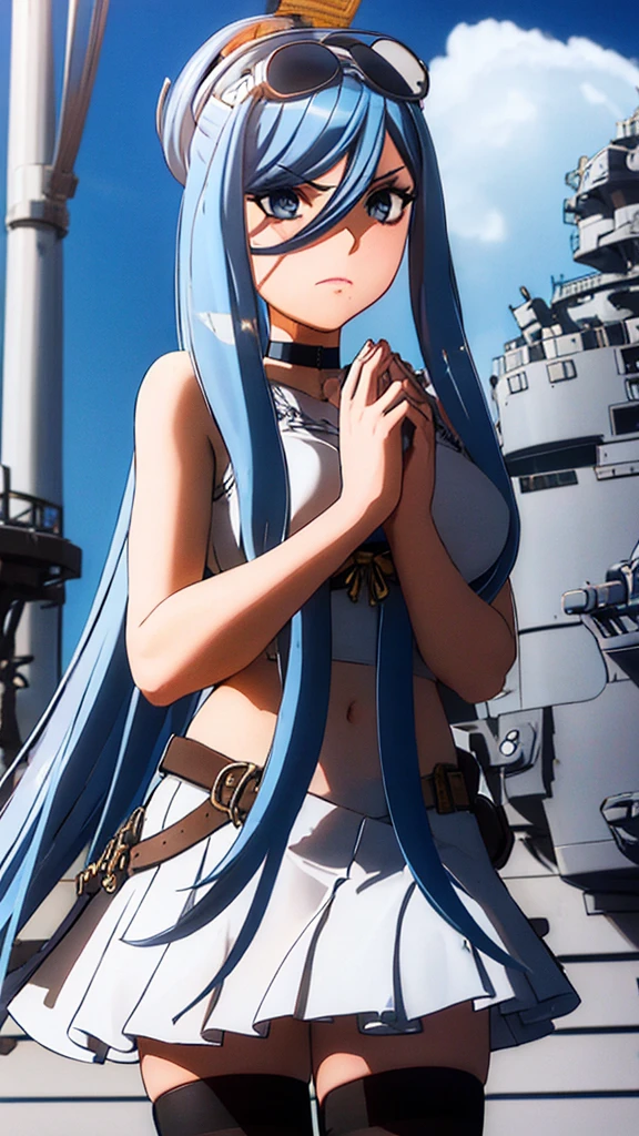 Detailed girl with an arrogant look and crossed hands and in the background a heavy war cruiser 