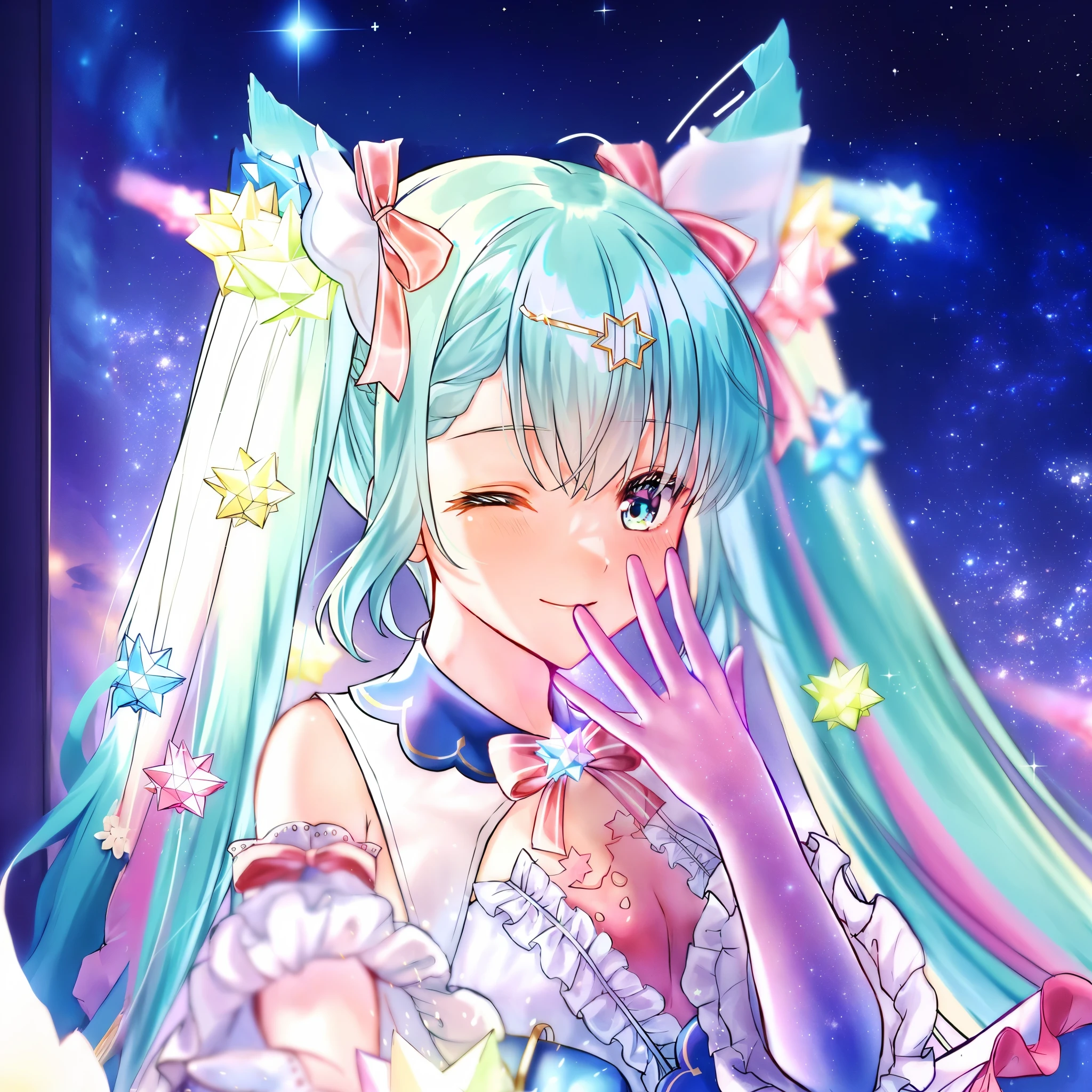 anime girl with blue hair and stars in her hair, hatsune miku portrait, portrait of hatsune miku, mikudayo, miku, hatsune miku, nightcore, anime moe artstyle, pixiv contest winner, anime girl with cosmic hair, pixiv, anime artstyle, digital anime art!!, digital art on pixiv, pixiv style, expand, starry sky, iridescent