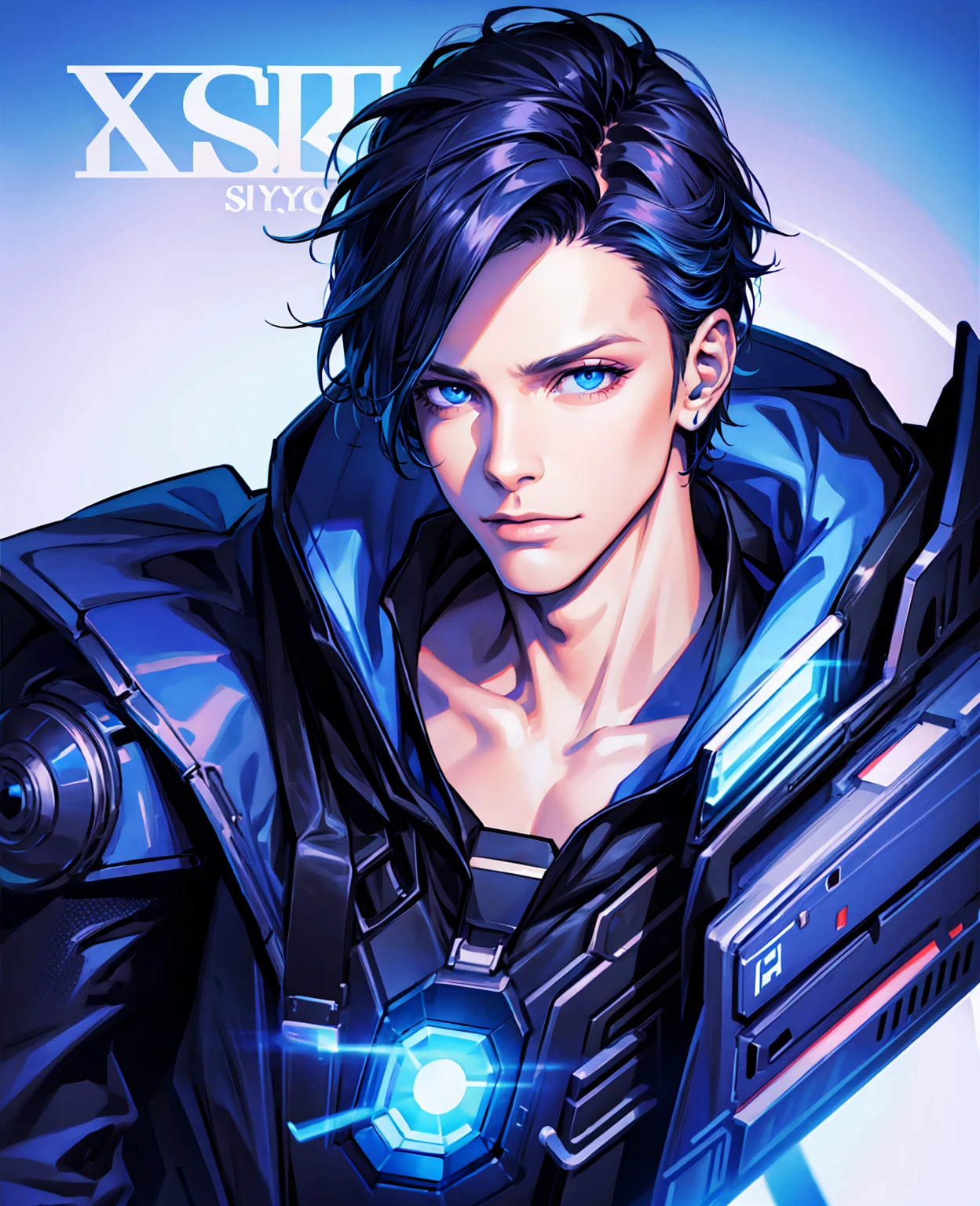 masterpiece, high quality, 1 boy, , solo, male focus, blue eyes, blacklight, from above, cyberpunk