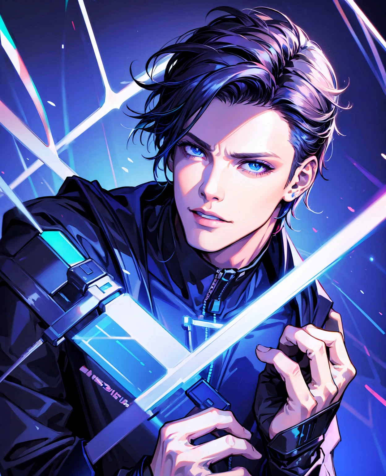 masterpiece, high quality, 1 boy, , solo, male focus, blue eyes, blacklight, from above, cyberpunk  