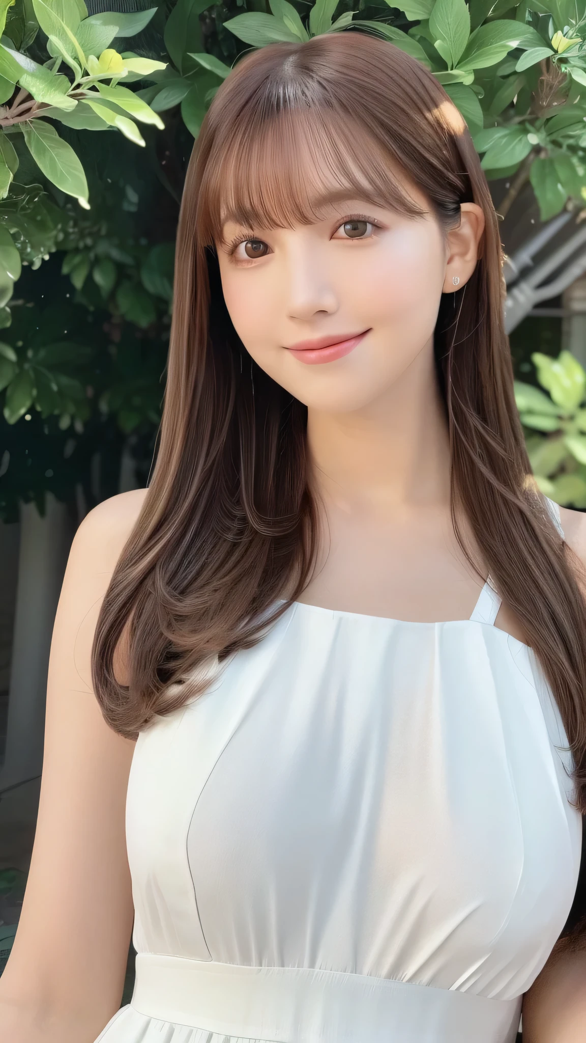 19-year-old girl, (White dress), RAW Photos, Highest quality, Realistic, Very delicate and beautiful, Very detailed, 8k wallpaper, High resolution, Soft Light, Full Body Shot、Very detailed目と顔, Beautiful and detailed nose, Fine and beautiful eyes, Cinema Lighting, Grassland Background, Perfect Anatomy, Slender body, Shapely breasts, Straight hair, smile, Asymmetrical bangs, Light brown hair、Yua Mikami、