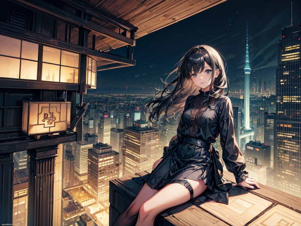 a girl wearing a black blouse sitting on the edge of a skyscraper, by Studio Ghibli, city scenery, detailed illustration, offcial art, not kawacy style, graceful motion, night-time, composto, HD wallpapers