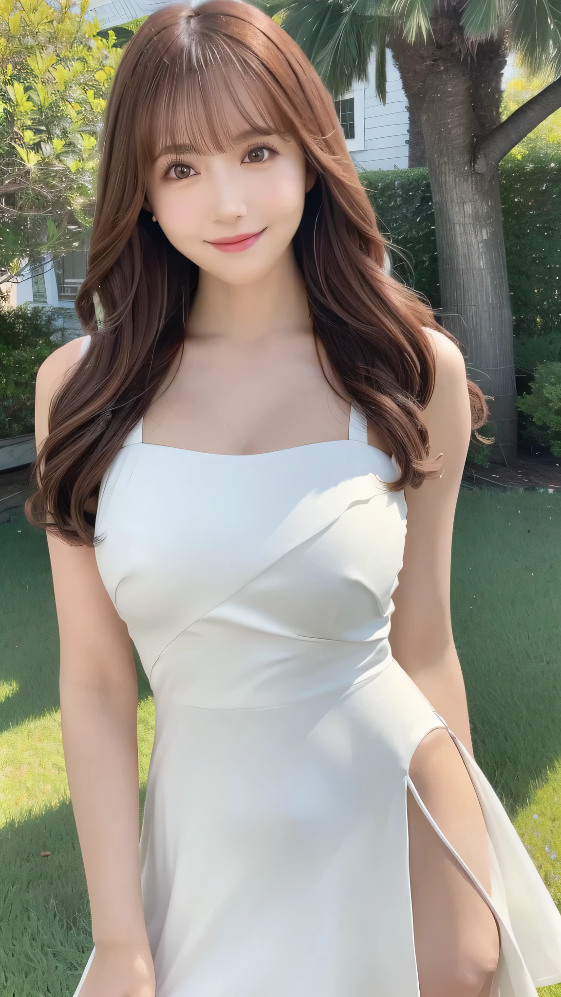 19-year-old girl, (White dress), RAW Photos, Highest quality, Realistic, Very delicate and beautiful, Very detailed, 8k wallpaper, High resolution, Soft Light, Full Body Shot、Very detailed目と顔, Beautiful and detailed nose, Fine and beautiful eyes, Cinema Lighting, Grassland Background, Perfect Anatomy, Slender body, Shapely breasts, Straight hair, smile, Asymmetrical bangs, Light brown hair、Yua Mikami、