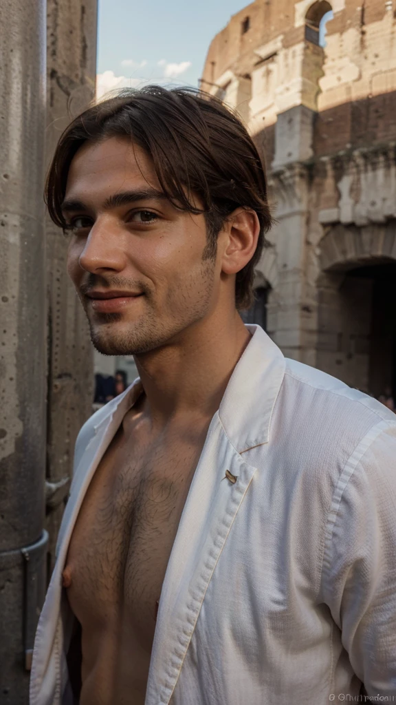 perfect italian man, wearing, posing, smile, view on the Colosseum, long distance shot, short hairstyles light hairin on the Colosseum on character's face