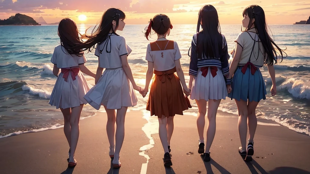 Highest quality、High resolution、Detailed Background、(Beautiful face in every detail:1.5)、age Girl、(Huge breasts:1.2)、Light-colored hair、cute髪型、Bobcut、ponytail、well-groomed eyebrows、Perfect body line、cute仕草、Navy blue sailor suit、White sailor collar、Pleated mini skirt、cuteスクールカーディガン、White Stockings、A big smile、smile、
(A coastline dyed in the sunset and five girls looking back from the beach:1.5)、
Spend some time at the beach watching the sunset、Feel the end of summer as you feel the sea breeze and the sound of the waves.、Before the sun sets, the sky takes on a sunset-like appearance.、At first, bright orange and pink gradually painted the sky.々It will turn reddish.、As the sun sets, the colors become more vibrant and the surrounding scenery is beautifully colored.、
Place the main motif in the center、Leave space on both sides、Add color contrast、Bright center and soft sides、Pay attention to the movement of the lines、A deep composition、Leave some headroom、cute