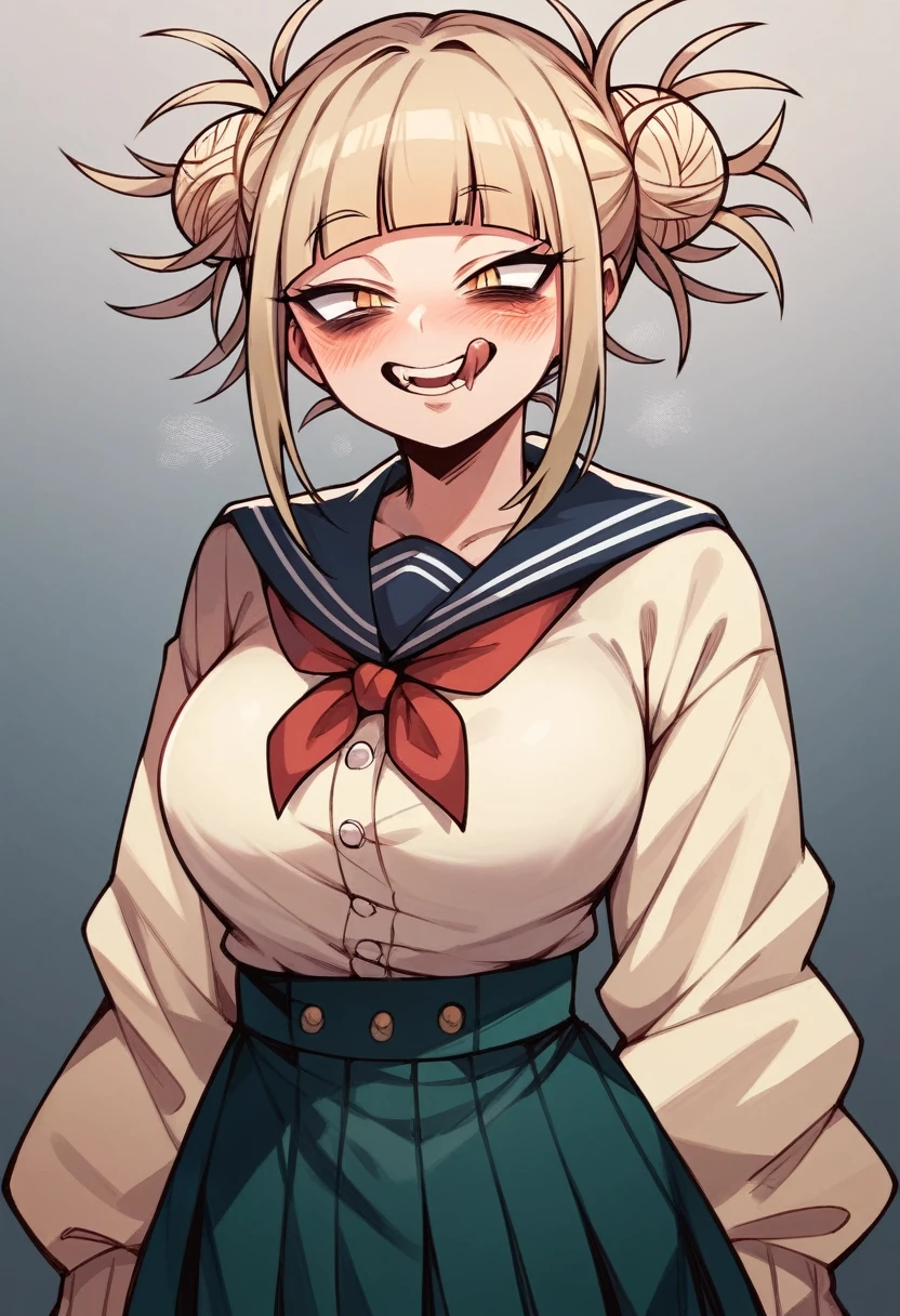 My hero Academia style, Himiko Toga from My Hero Academia, smile, squinted eyes, blushing, large waist, large breasts, licking her lips