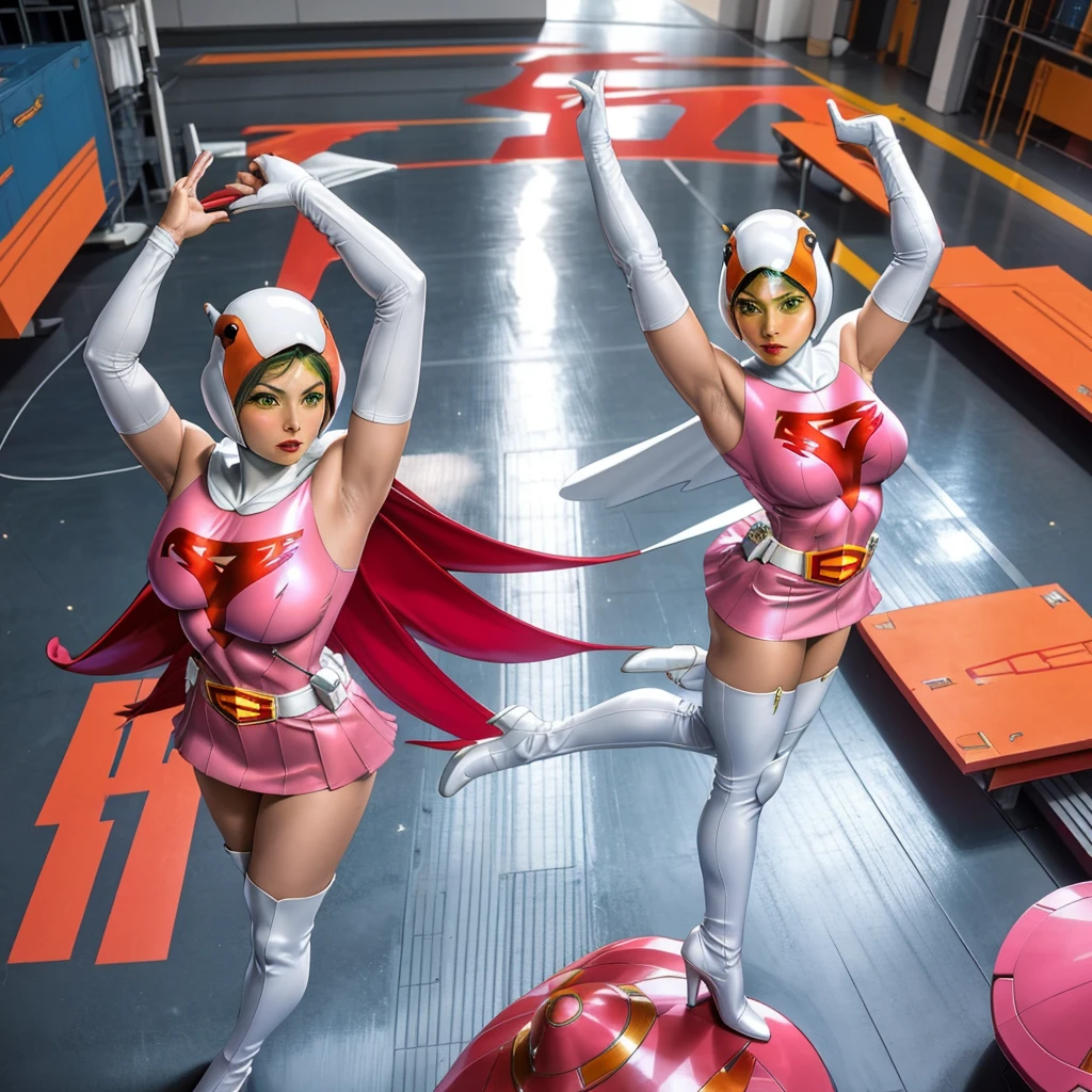 ANI_CLASSIC_jun_gatchaman_ownwaifu,1girl, 15 years old,good anatomy, masterpiece, best quality,realistic, hyperrealistic, 16k hdr,breasts,green eyes,lips,large breasts,lipstick,makeup,gloves,cape,helmet,belt,elbow gloves,white gloves,mask,ultra miniskirt,leotard,spacesuit,white tight overknee highheels boots,pink dress,superhero,bodysuit,cleavage,erected nipples,((standing pose,spread legs, arms up straight)),cameltoe