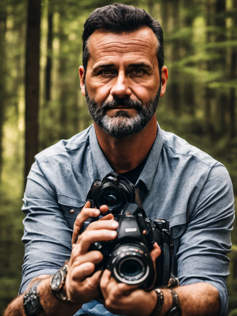 a 40 year old man photographer, sitting in the forest holding a camera, 3d comic style, detailed face, detailed eyes and face, detailed hands, detailed clothing, high quality, 8k, photorealistic, beautiful lighting, warm colors, dynamic composition, cinematic atmosphere, ((Medium Shot))