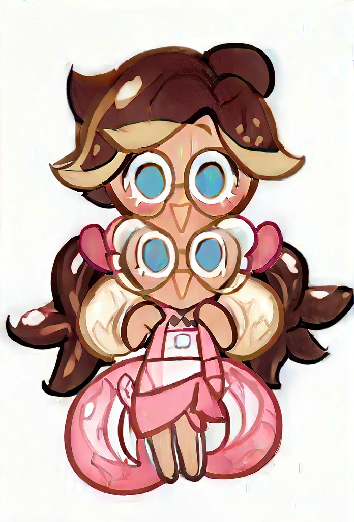 chibi, full body, CookieRun, 1 girl, brown hair, long hair, hair braided in two tails, blue eyes, round glasses, black glasses, pink swimsuit, open mouth, joy, white background,