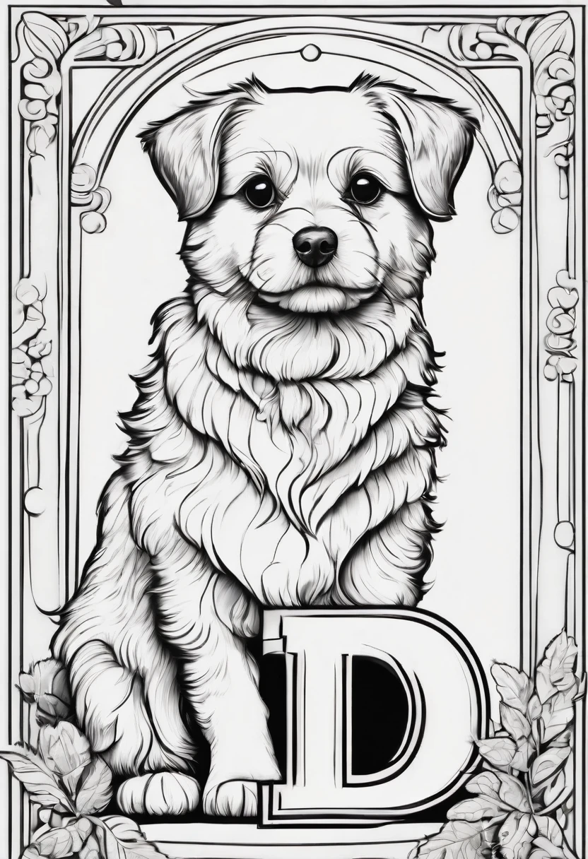 A small cute fluffy Dog sitting next to the letter D and in line art style for a coloring book