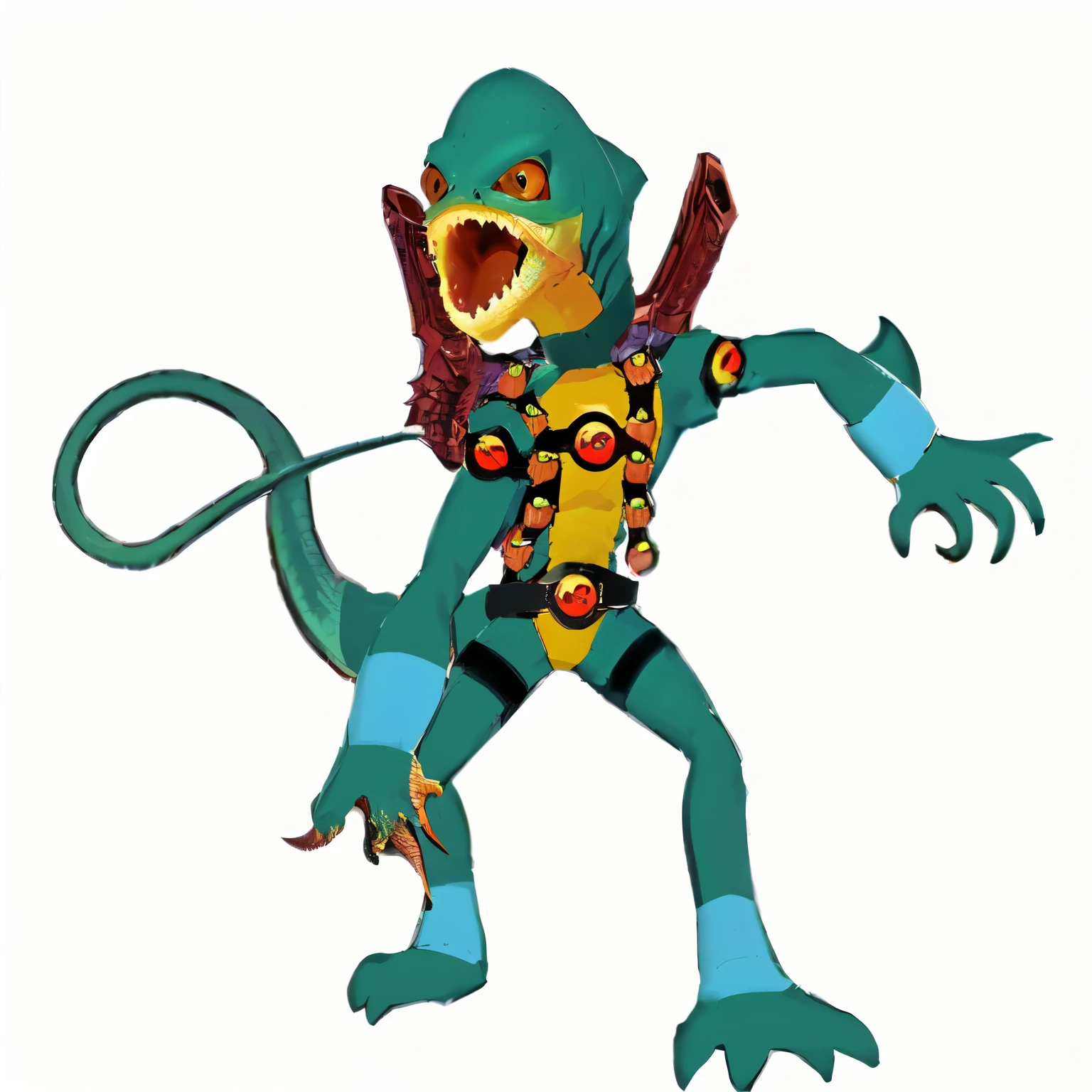 there is a cartoon character of a lizard with a knife in its mouth, sci-fi lizardman, octan render, sci-fi lizard alien, as atlantean reptilian warriors, murloc tinyfin, lizardman, zora, lizardman warrior concept, reptilian space alien, giga, male anthro piranha