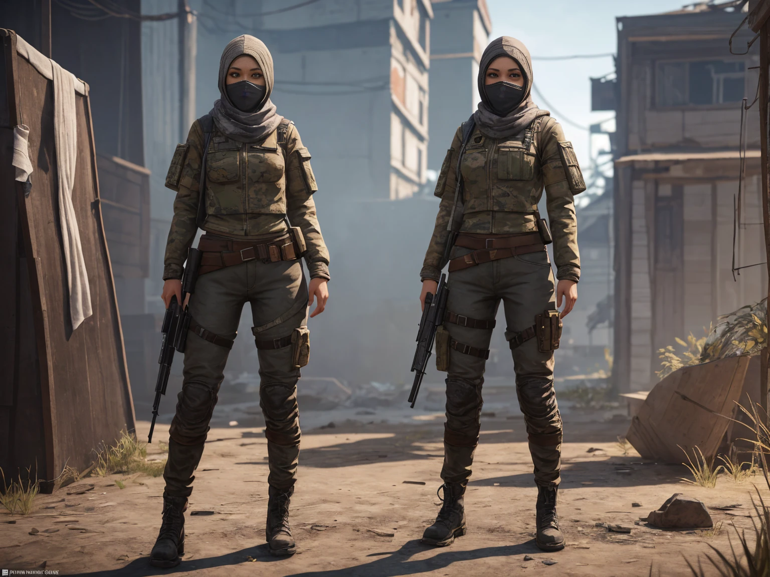 Full body turnaround of young female raider sniper game character with face covered with fabric and post apocalyptical worn clothing made of scraps and old fabric with beautiful face and big featuring detailed front and back views, Highly detailed, , and smooth digital illustration with sharp focus, 4K UHD image , by unreal engine 5 , by farcry new dawn
