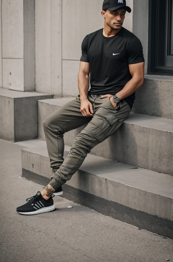 Imagine Nike's white sleeveless t-shirt. It is a simple and basic t-shirt, perfect for summer.
Add beige cargo joggers to the t-shirt. These pants are comfortable and loose, ideal for a casual look.
Complete the look with Adidas Ultraboost Triple Black sneakers. These sneakers are stylish and comfortable., Perfect for any occasion.
Don't forget the Omega x Swatch all black watch. This watch adds a touch of sophistication to the look.
Finish the outfit with a black trucker cap from Gallery Dpto