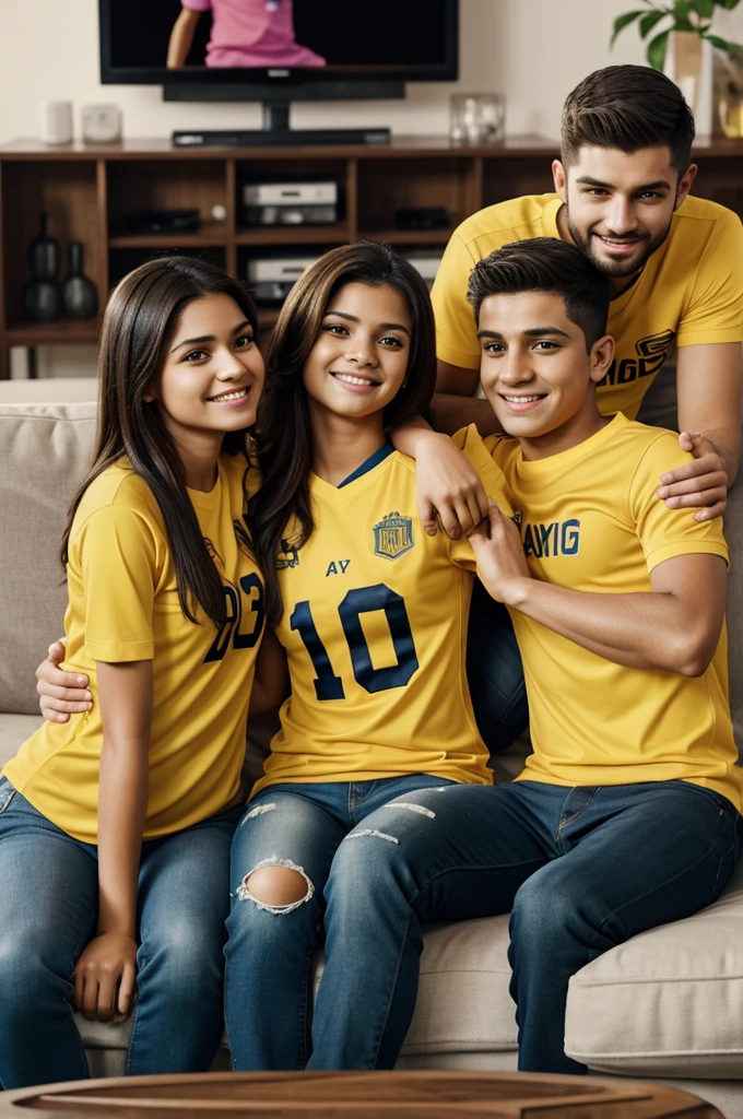 A captivating 3D render illustration of a family watching football on television. Dayana, a woman with a yellow shirt, has her back to the viewer, as does oscar , a young boy wearing a similar shirt. The name and number "daya 10" and "oscar 6" are displayed on their shirts. and "cata 7 "young girl wearing a similar shirt are displayed on their shirts. Adjoining The family is embracing each other, creating a warm and loving atmosphere, with the football game serving as a unifying backdrop., illustration, photo, typography, 3d render