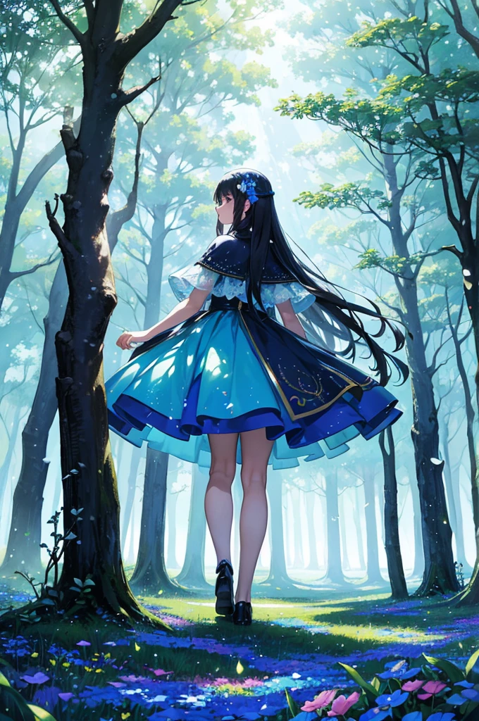A magical forest, blue particles everywhere floating, flowers on the ground shining with magical light, huge trees around, little sunlight, dark surroundings, magical world, fancy