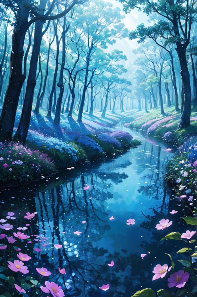 A magical forest, blue particles everywhere floating, flowers on the ground shining with magical light, huge trees around, little sunlight, dark surroundings, magical world, fancy
